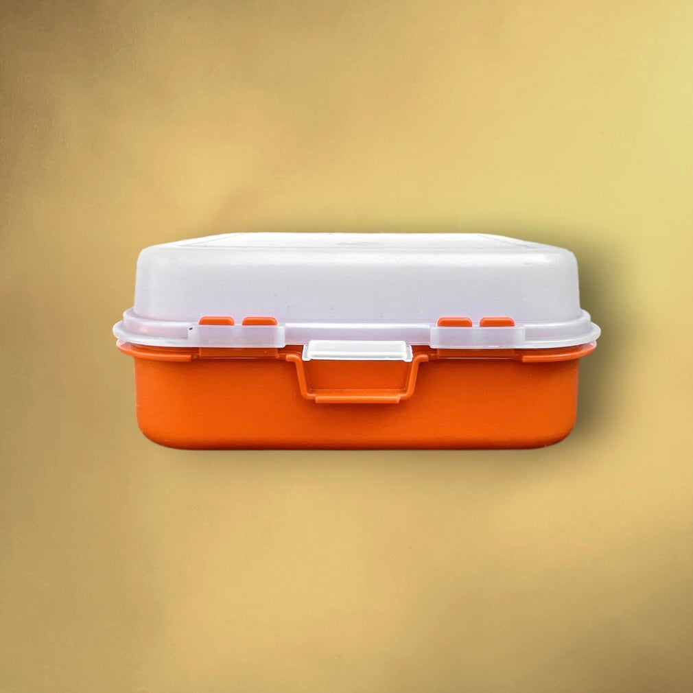 Boite lunch Tupperware vintage orange motif panneaux routiers lunch box années 70 (Copie)