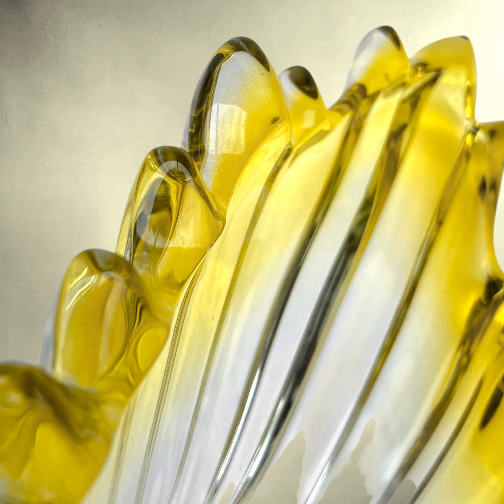 Grande Coupe de Table en Verre Soufflé Jaune et Transparent – années 60