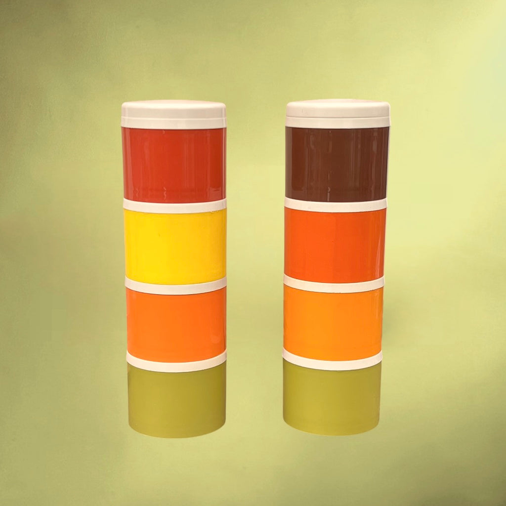 Tupperware 1308 - Tours de Pots à Épices en Plastique Coloré Pop – Made in Belgium - Années 70