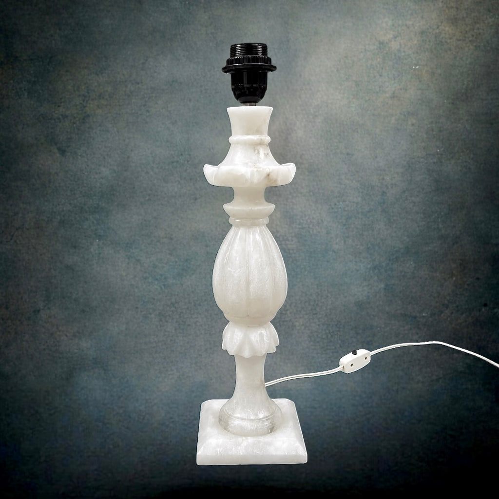 Pied de Lampe en Albâtre Massif Sculpté Blanc Style Hollywood Regency - Années 70