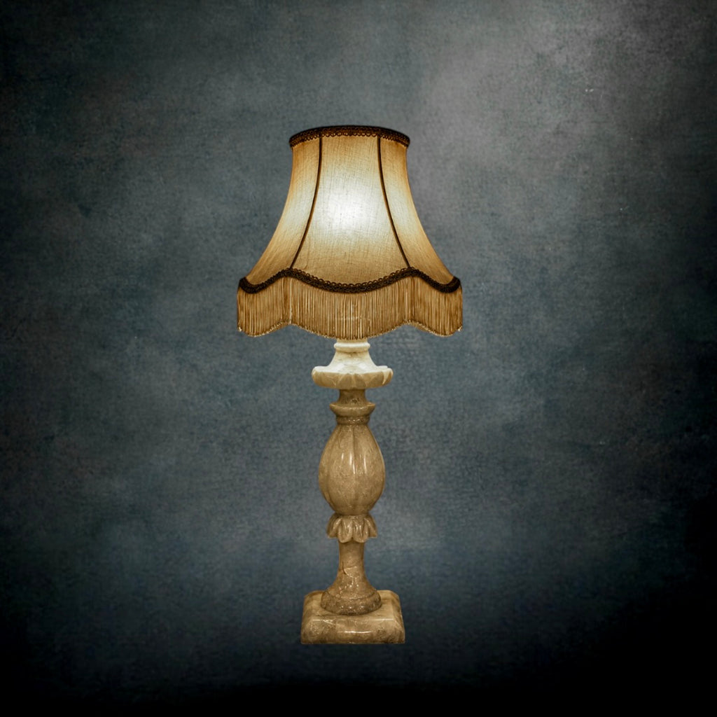 Pied de Lampe en Albâtre Massif Sculpté Blanc Style Hollywood Regency - Années 70