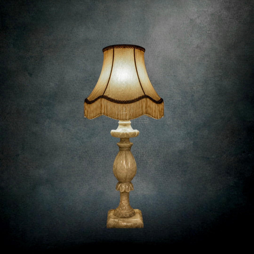 Pied de Lampe en Albâtre Massif Sculpté Blanc Style Hollywood Regency - Années 70
