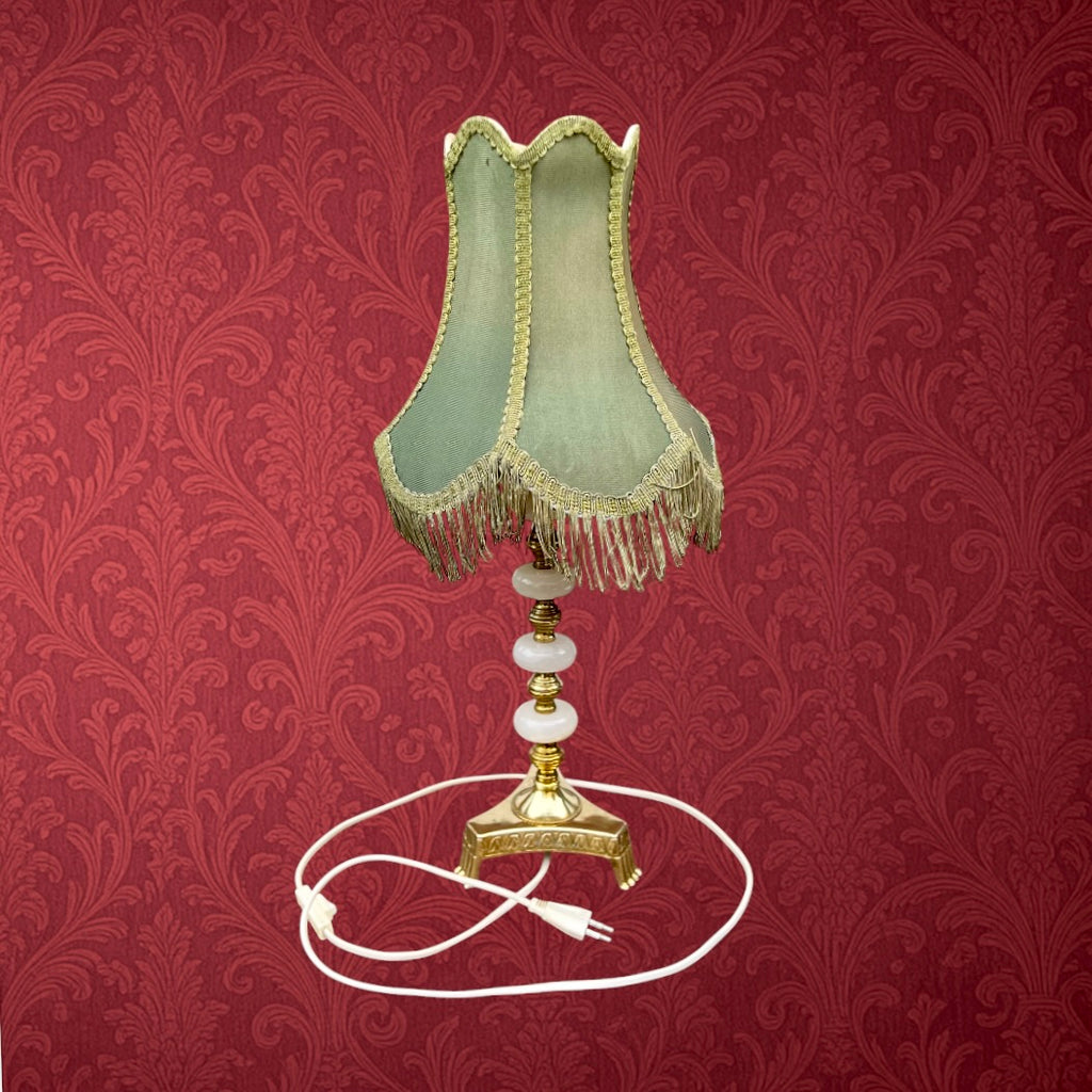 Lampe en Métal Doré et Albâtre avec Abat-jour Frangé Style Hollywood Regency - Années 70
