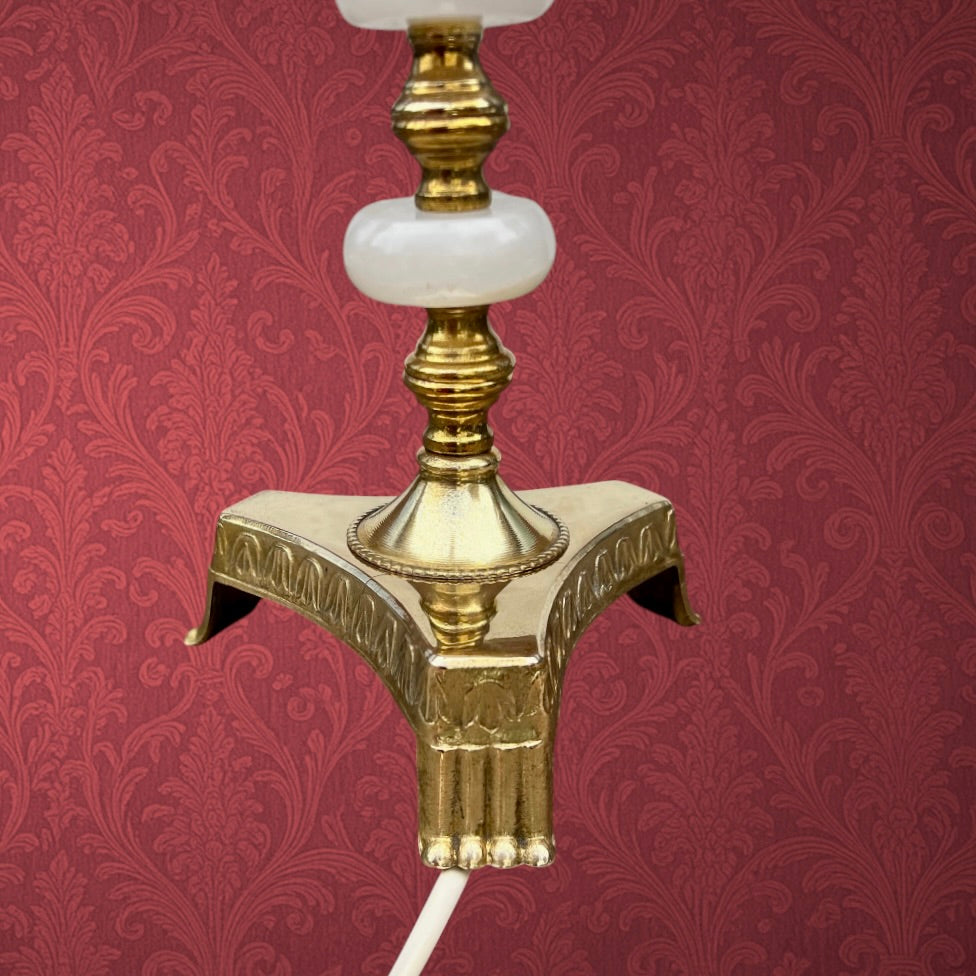 Lampe en Métal Doré et Albâtre avec Abat-jour Frangé Style Hollywood Regency - Années 70