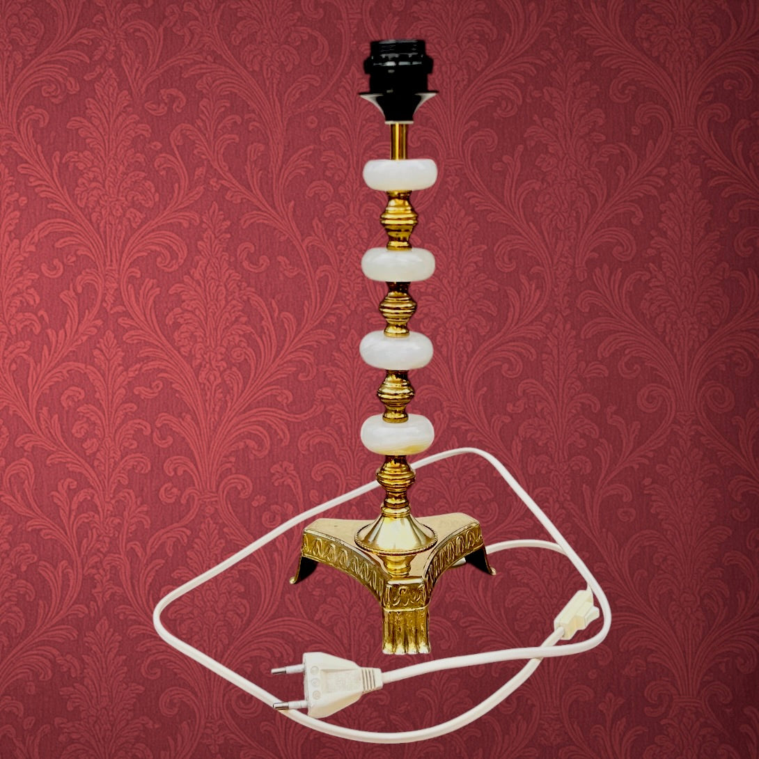 Lampe en Métal Doré et Albâtre avec Abat-jour Frangé Style Hollywood Regency - Années 70
