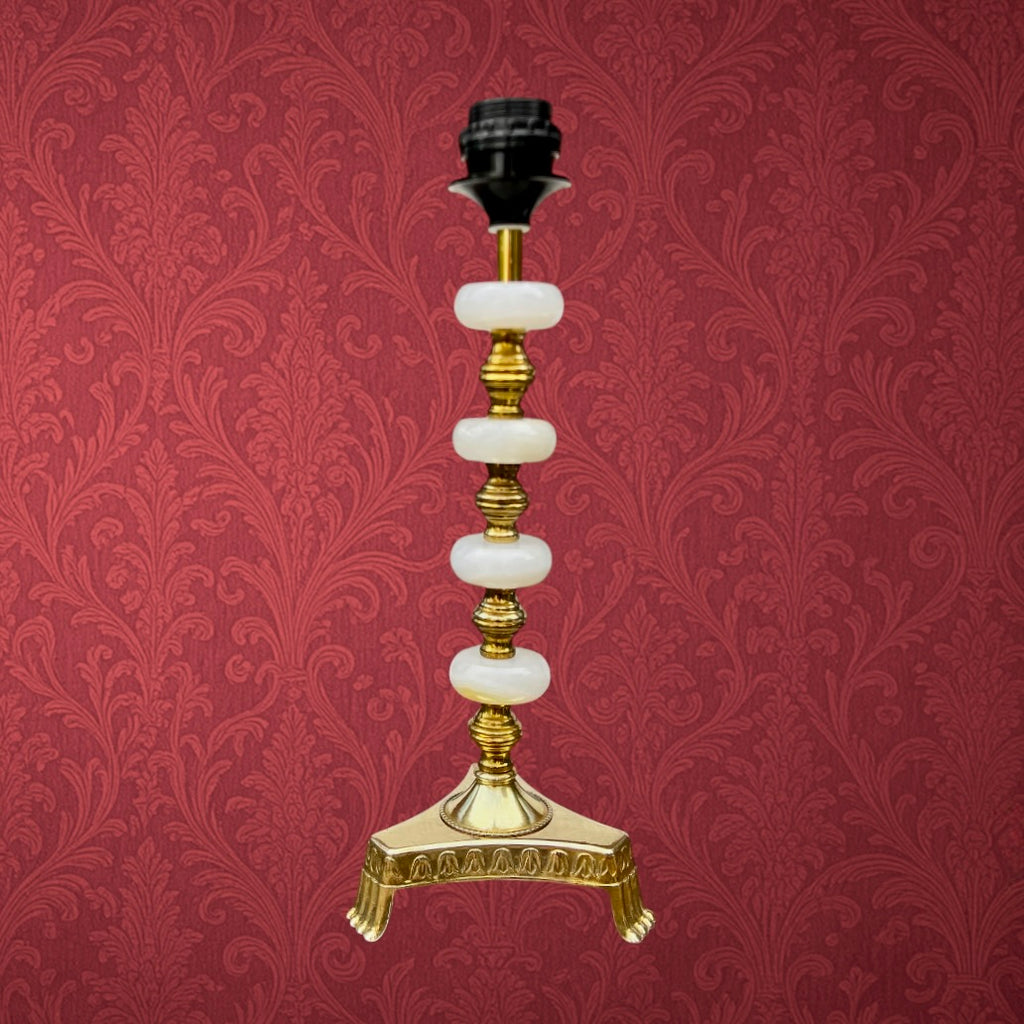 Lampe en Métal Doré et Albâtre avec Abat-jour Frangé Style Hollywood Regency - Années 70