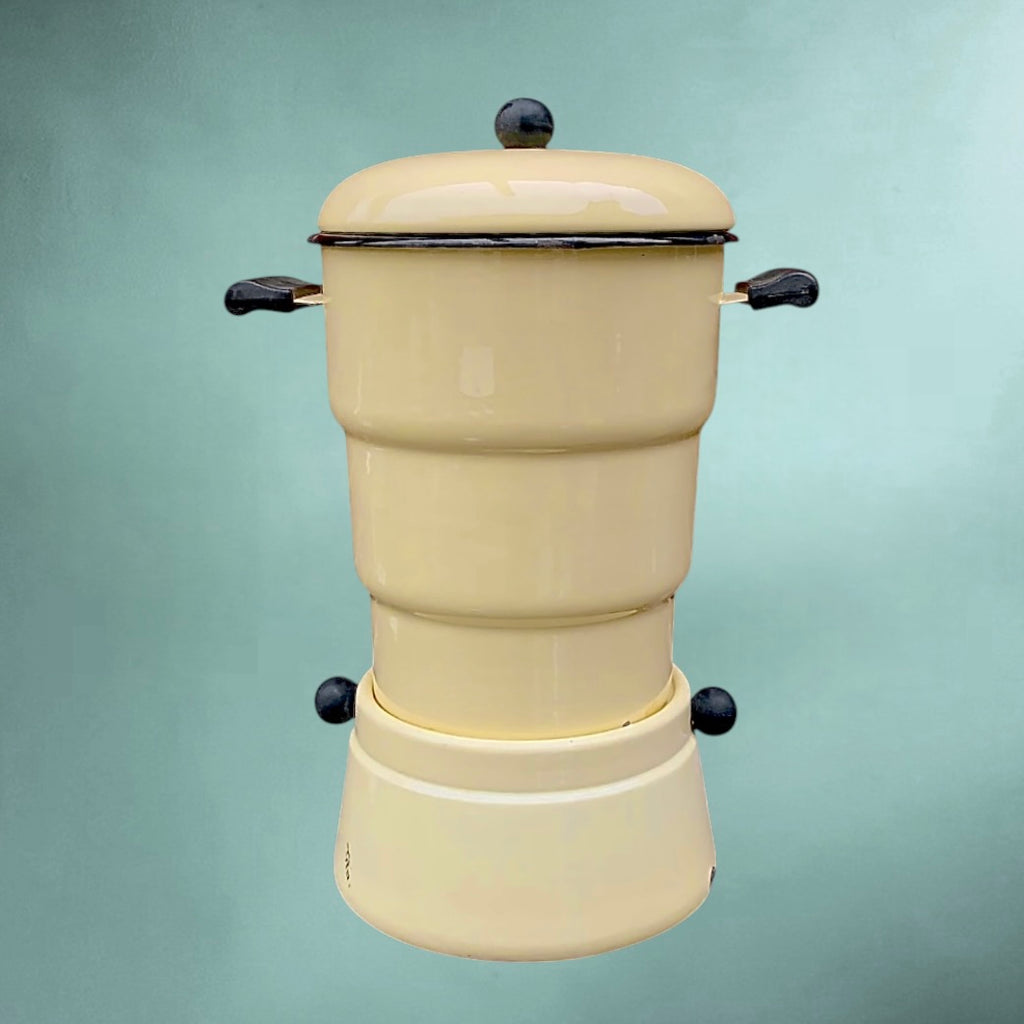 Samovar Ancien en Tôle Émaillée Blanc Crème Et Bakélite Noire - Années 50 60