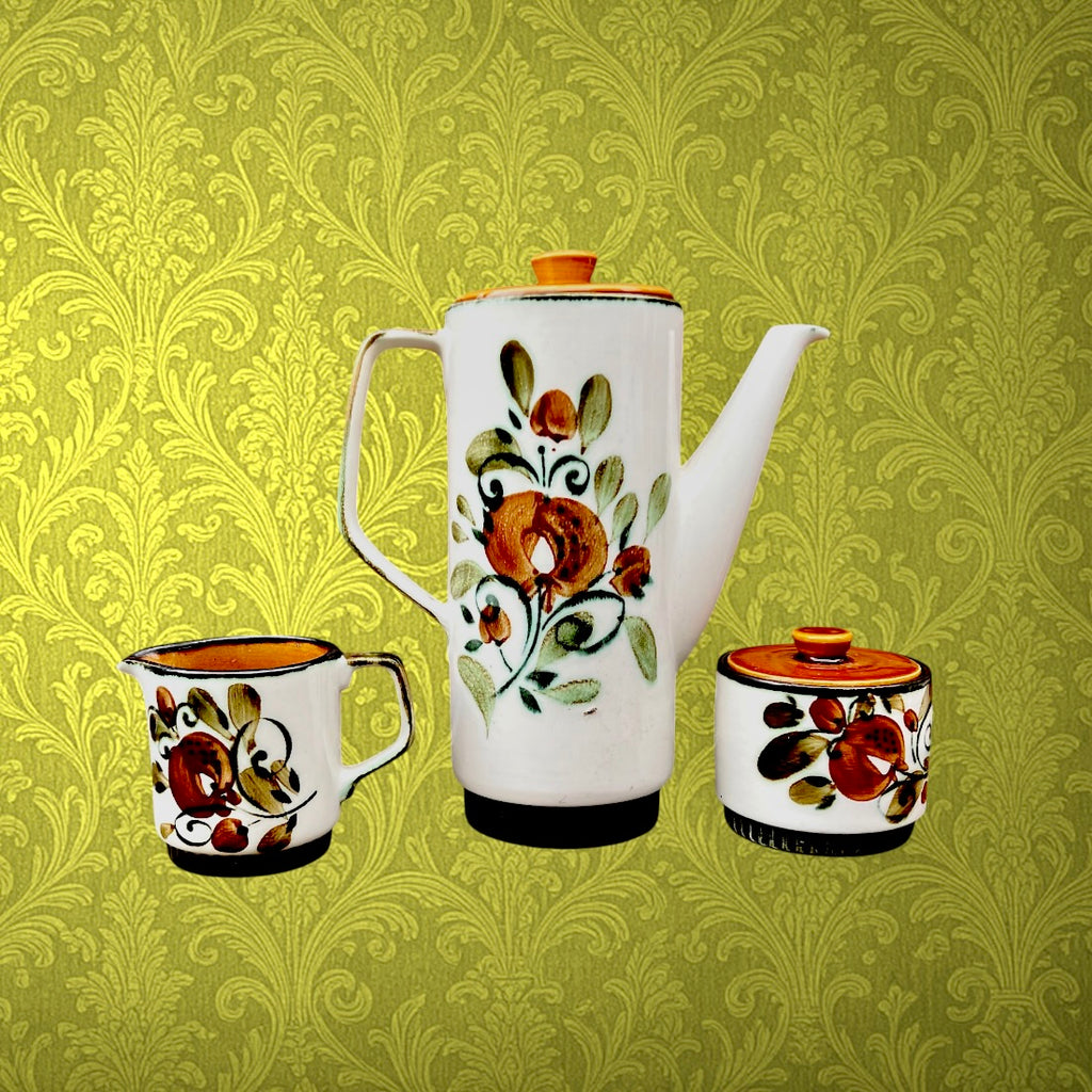 Service à Café Boch Argenteuil en Céramique Belge Décor Floral Orange et Vert - Années 60