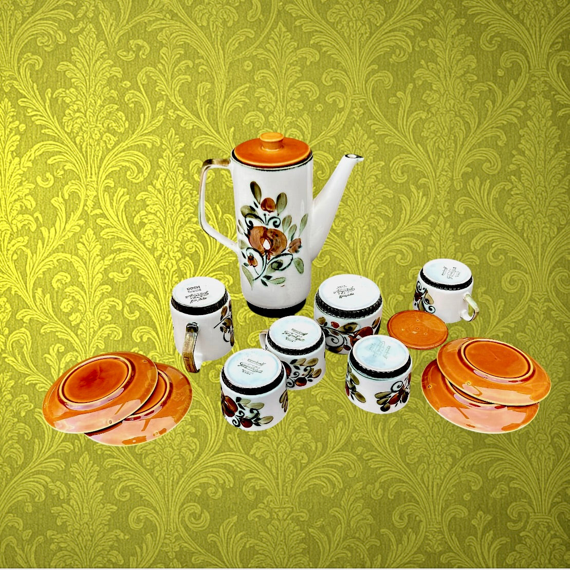 Service à Café Boch Argenteuil en Céramique Belge Décor Floral Orange et Vert - Années 60