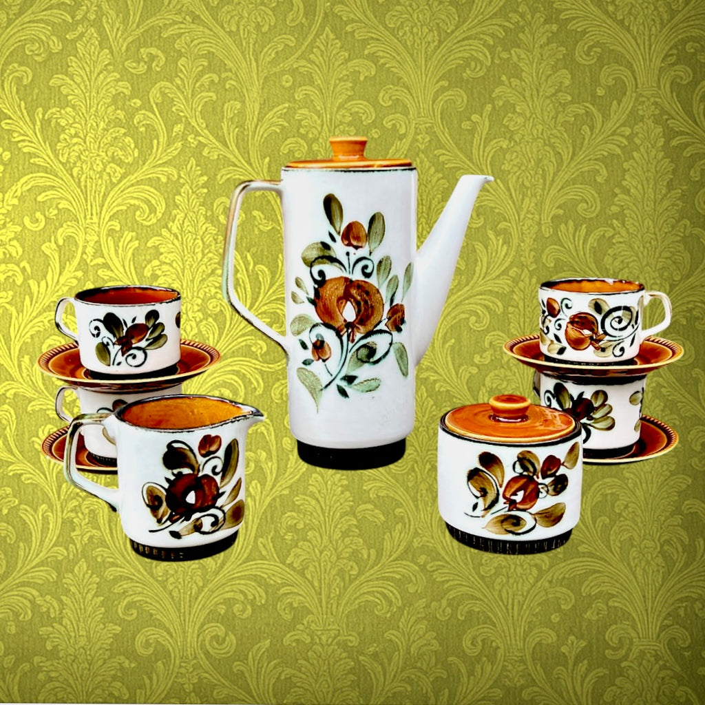 Service à Café Boch Argenteuil en Céramique Belge Décor Floral Orange et Vert - Années 60