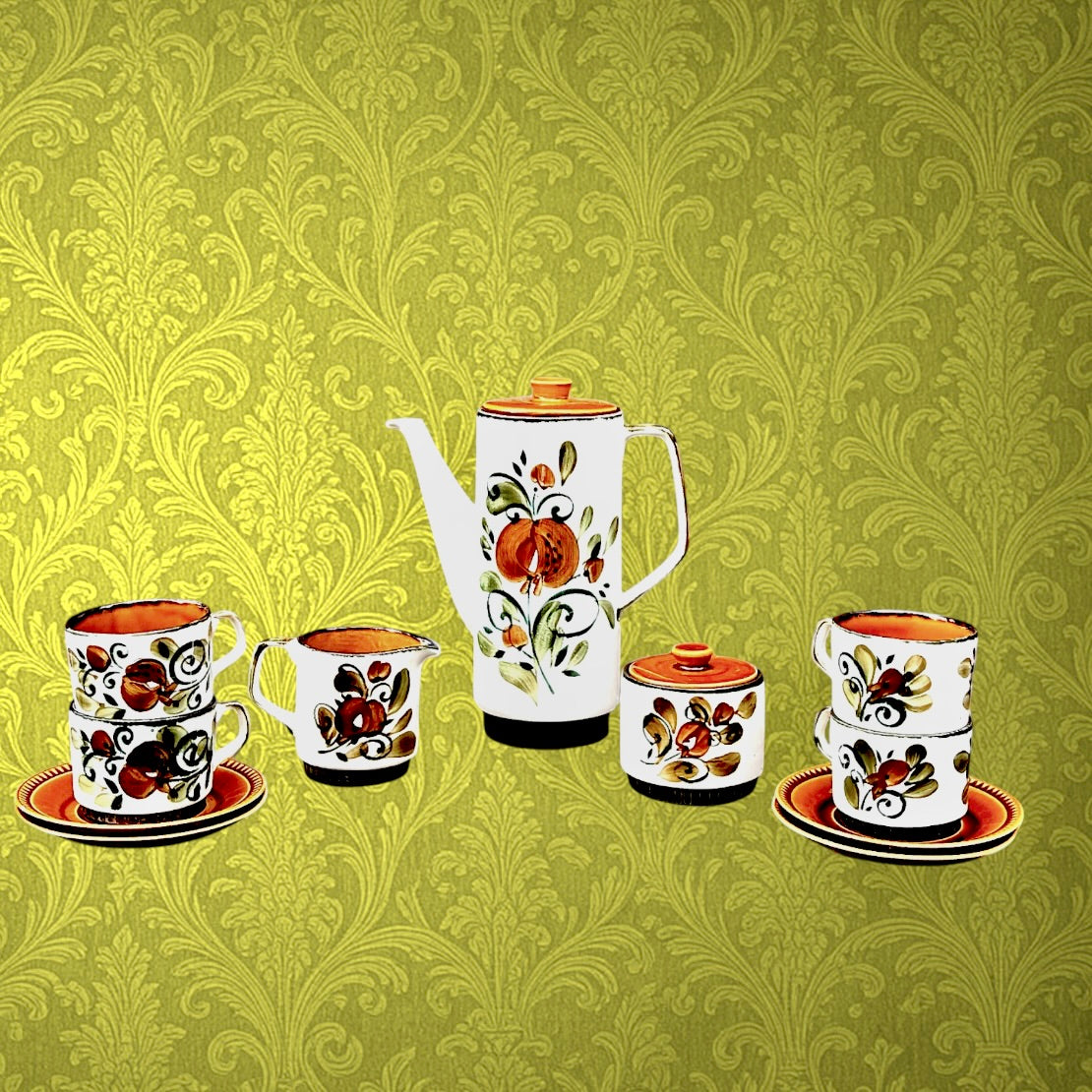 Service à Café Boch Argenteuil en Céramique Belge Décor Floral Orange et Vert - Années 60