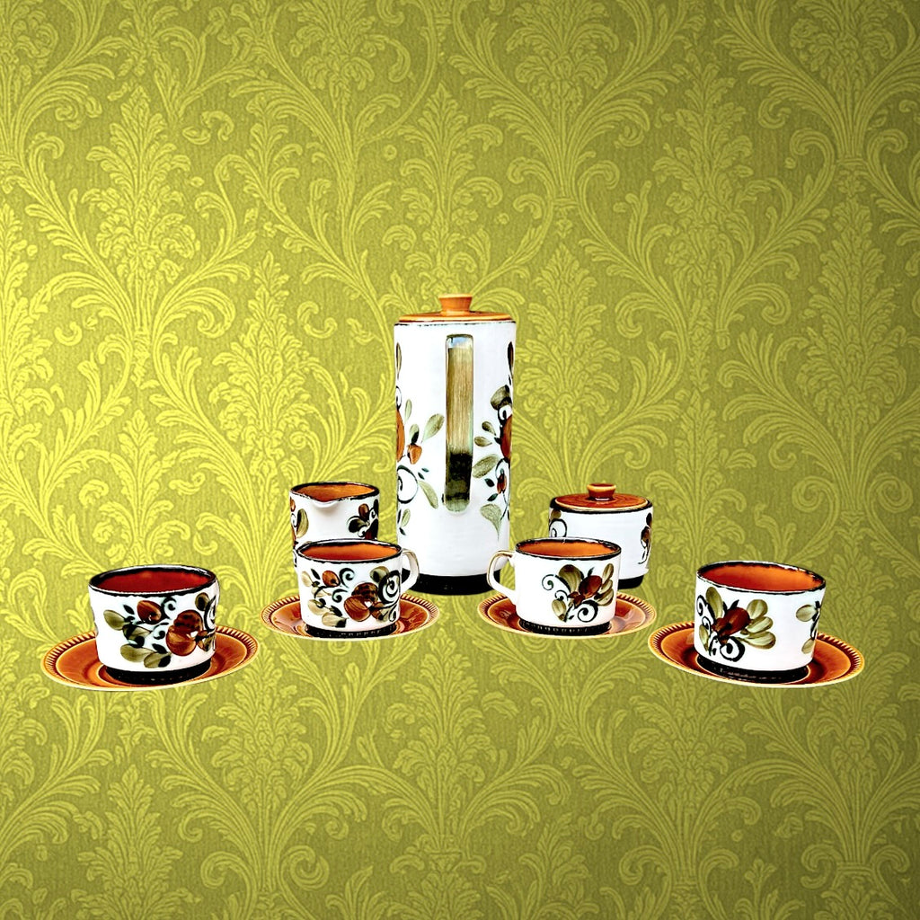 Service à Café Boch Argenteuil en Céramique Belge Décor Floral Orange et Vert - Années 60