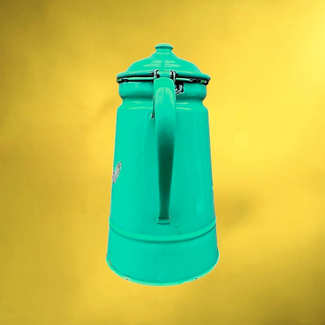 Grande Cafetière en Tôle Émaillée Vert Turquoise – Années 50