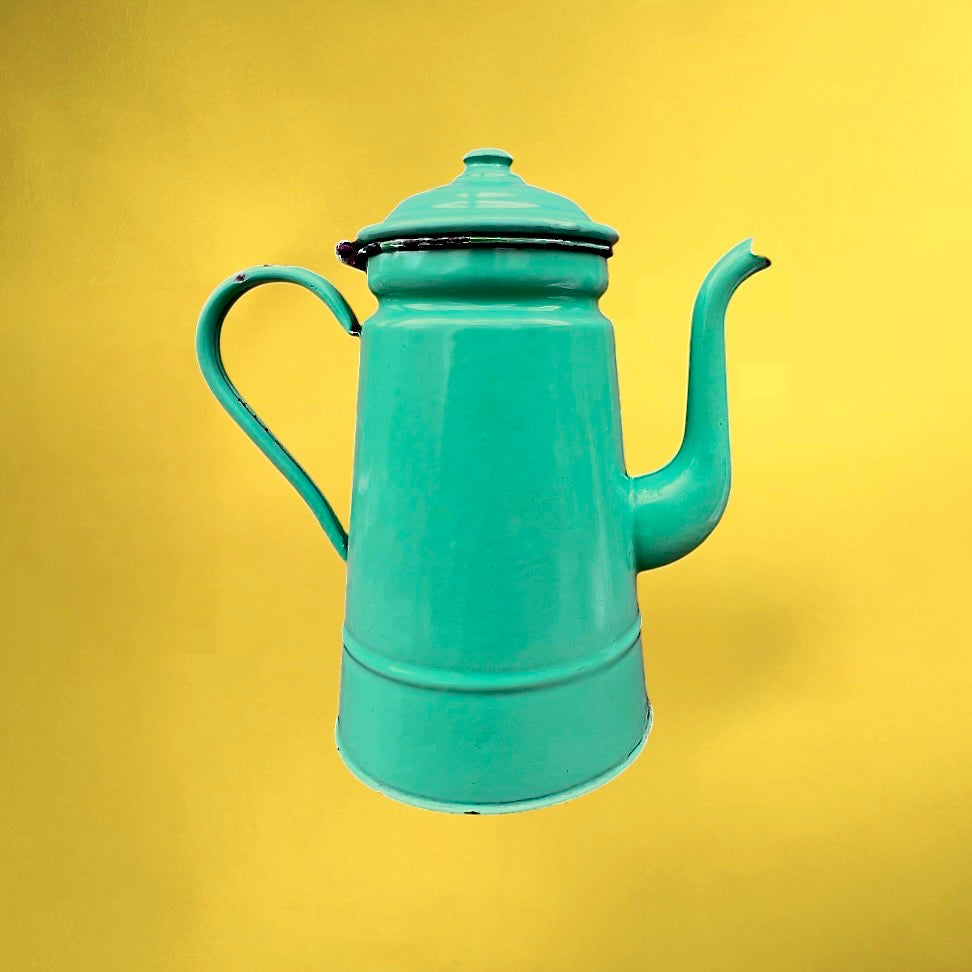 Grande Cafetière en Tôle Émaillée Vert Turquoise – Années 50