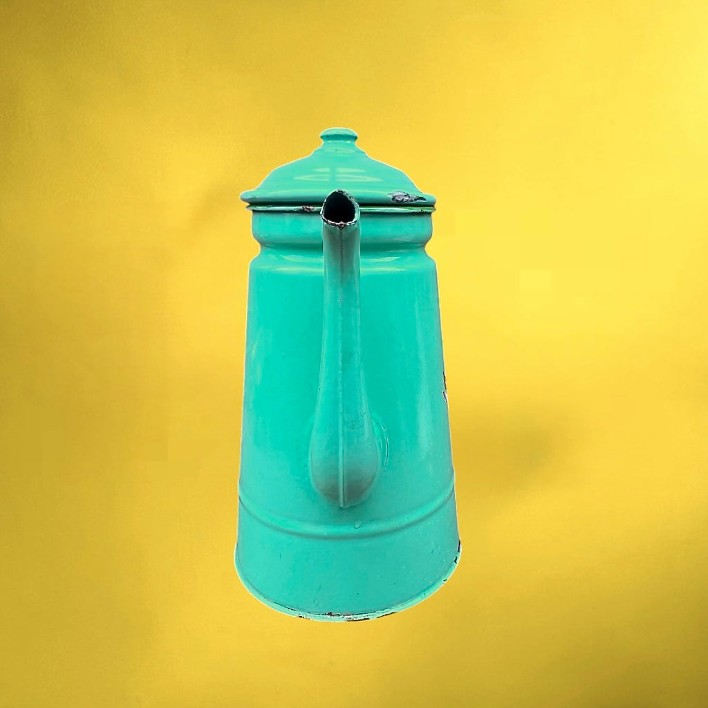 Grande Cafetière en Tôle Émaillée Vert Turquoise – Années 50