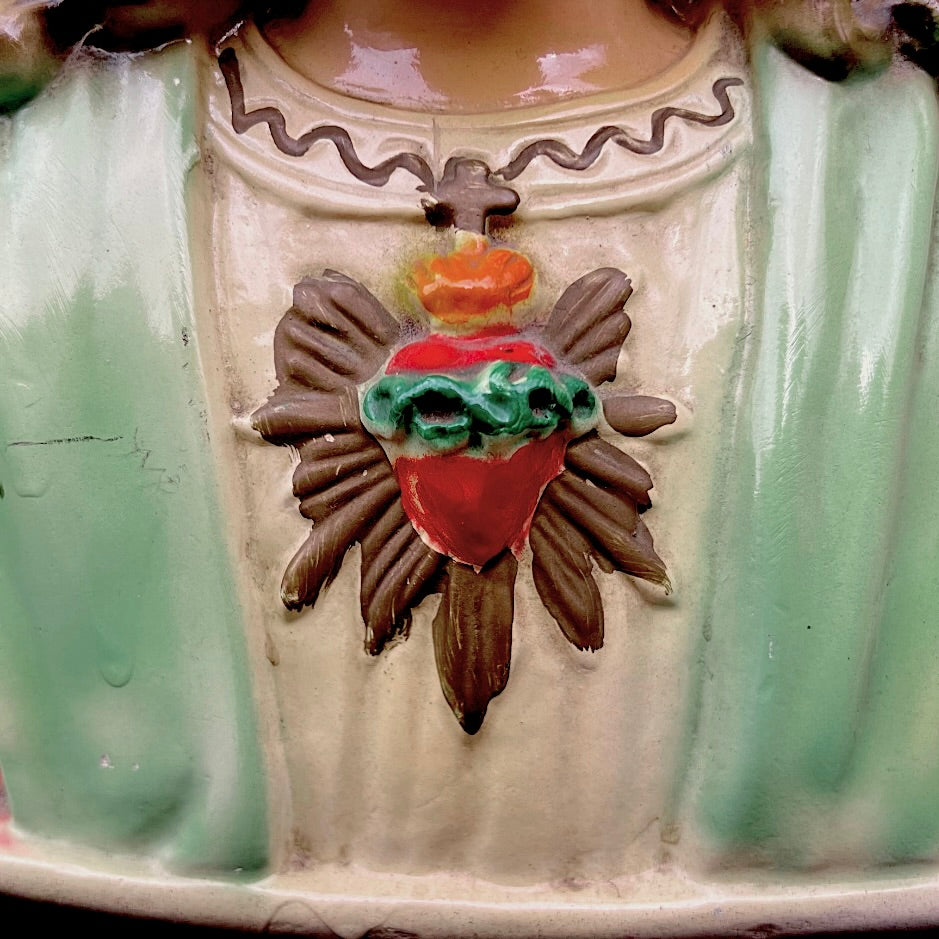 Buste Sacré-Cœur De Jésus en Plâtre Polychrome Vernissé – Années 50