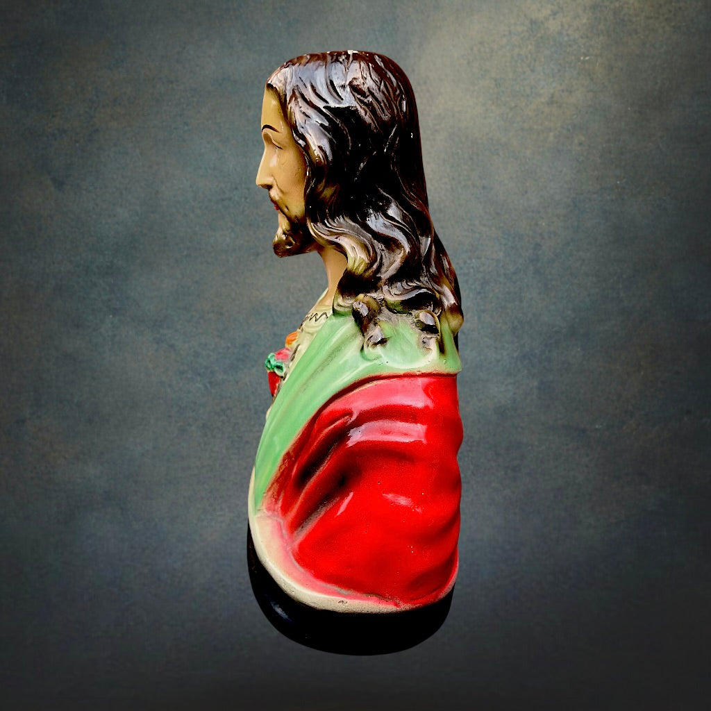 Buste Sacré-Cœur De Jésus en Plâtre Polychrome Vernissé – Années 50