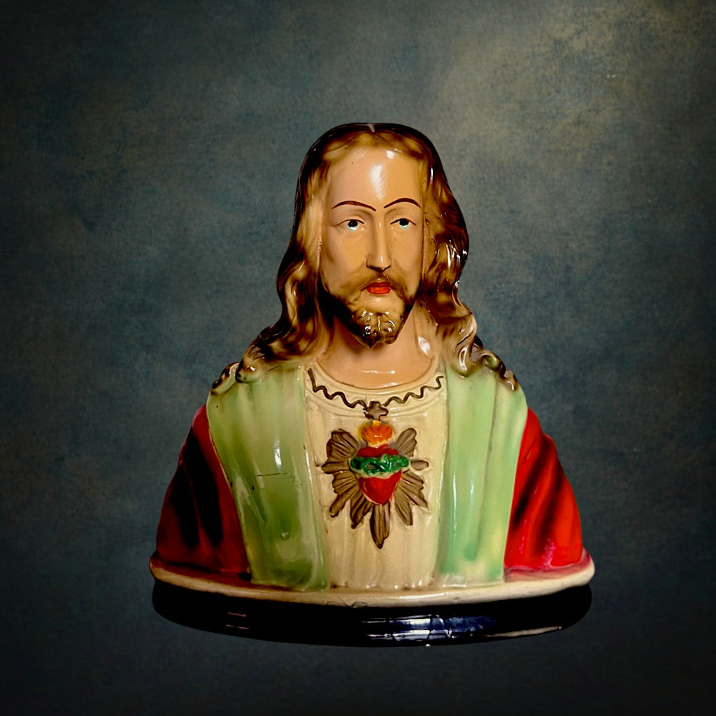 Buste Sacré-Cœur De Jésus en Plâtre Polychrome Vernissé – Années 50