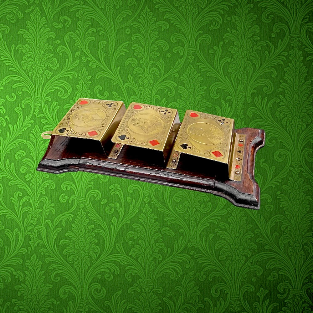 Porte-Cartes Mural en Laiton Gravé et Bois Décor Jeu De Cartes Ancien - Années 50