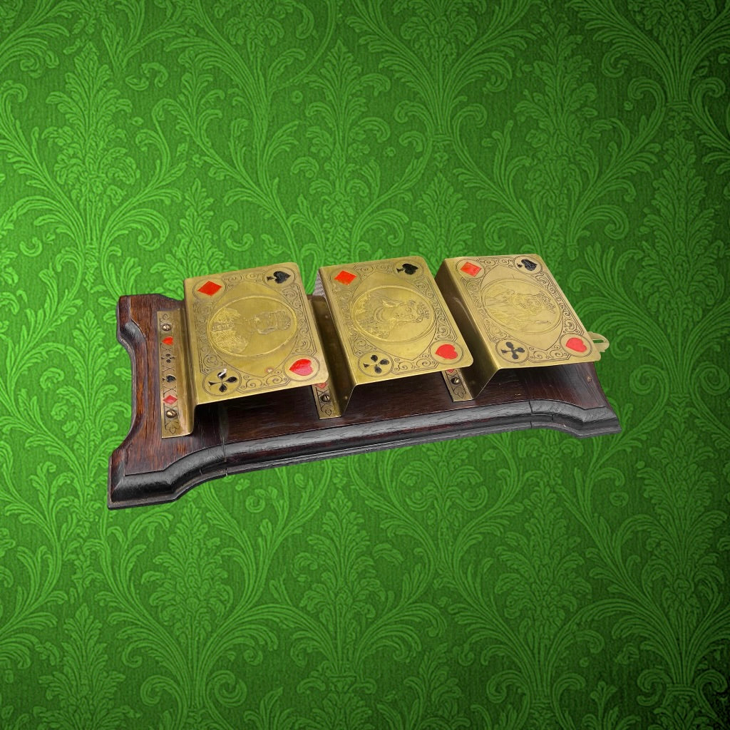 Porte-Cartes Mural en Laiton Gravé et Bois Décor Jeu De Cartes Ancien - Années 50