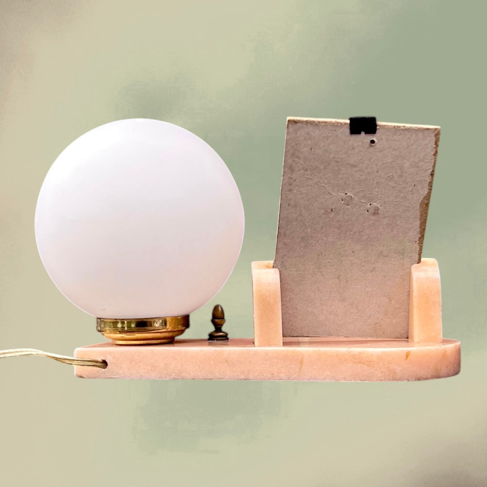 Lampe de Chevet Art Déco en Marbre Rose Globe Opalin Cadre Photo Biseauté – Années 40