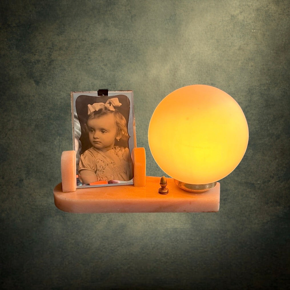 Lampe de Chevet Art Déco Marbre Rose et Globe Opalin
