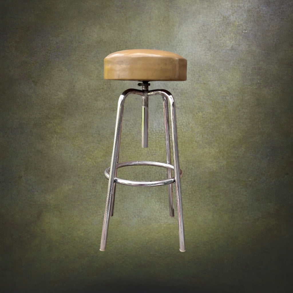 Haut Tabouret Industriel Réglable en Métal Chromé et Cuir Beige – Années 50 60