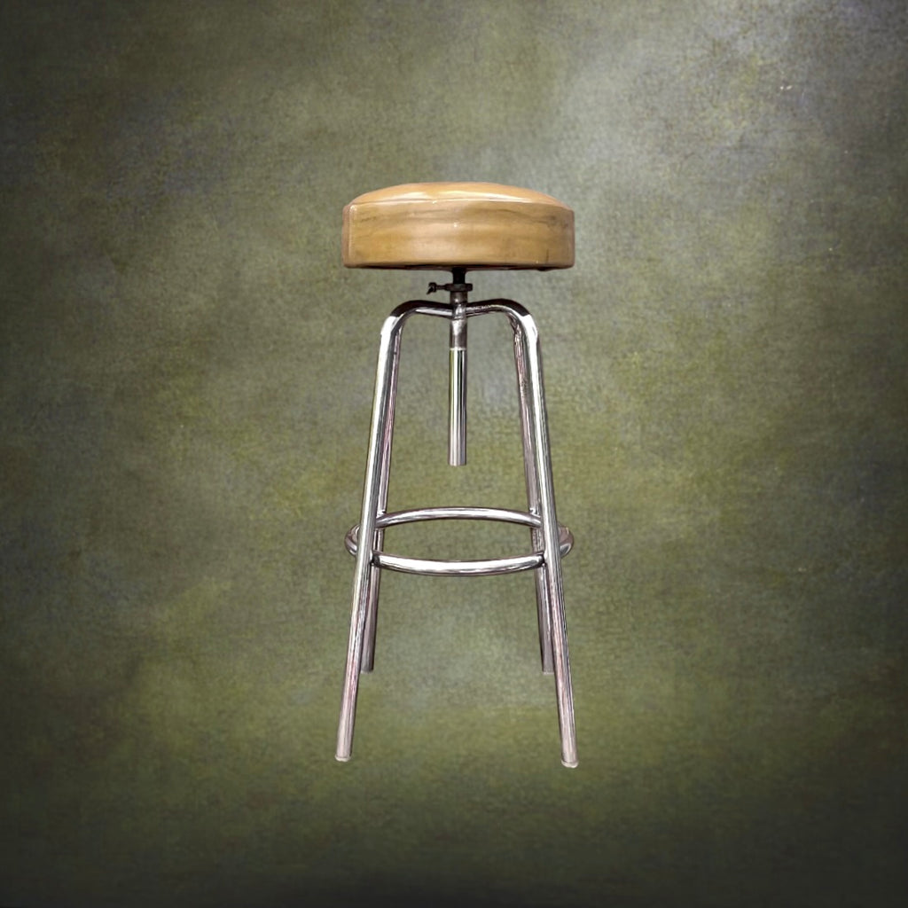 Haut Tabouret Industriel Réglable en Métal Chromé et Cuir Beige – Années 50 60
