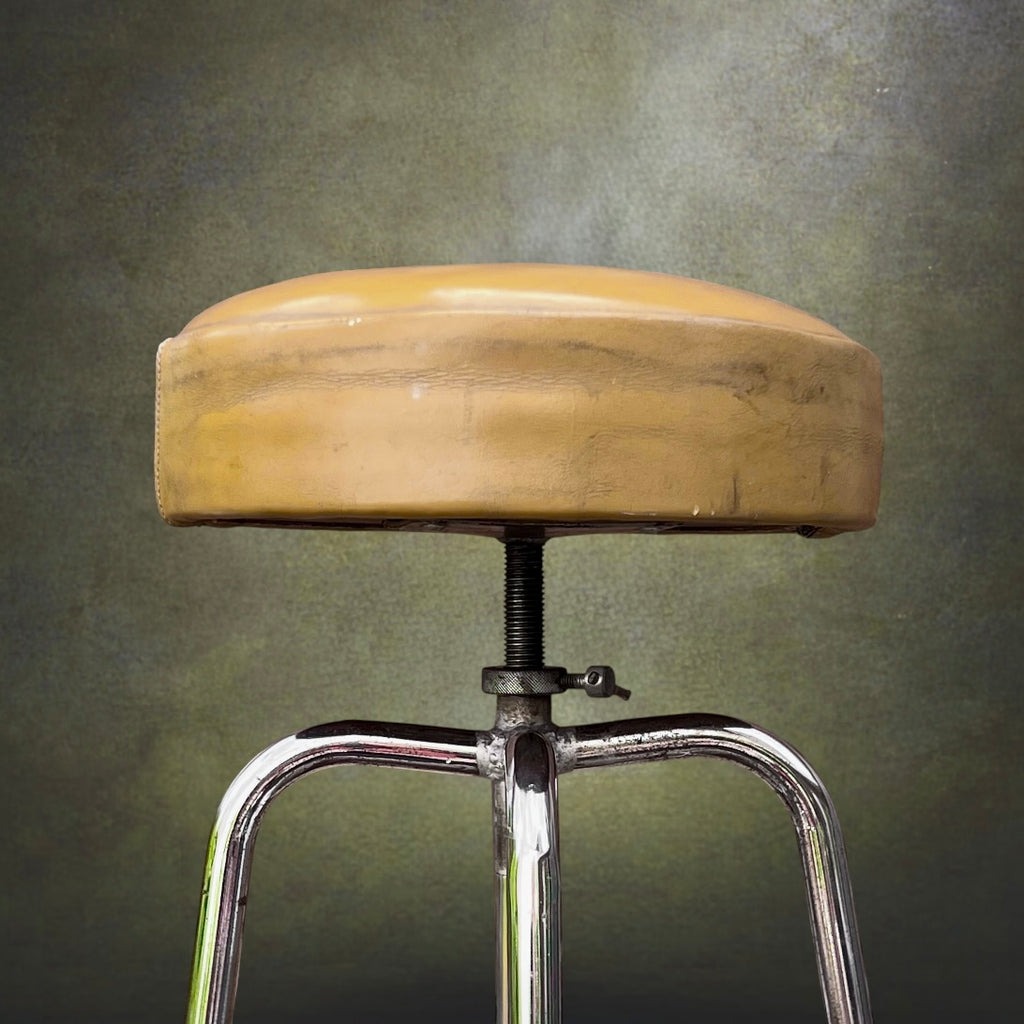 Haut Tabouret Industriel Réglable en Métal Chromé et Cuir Beige – Années 50 60