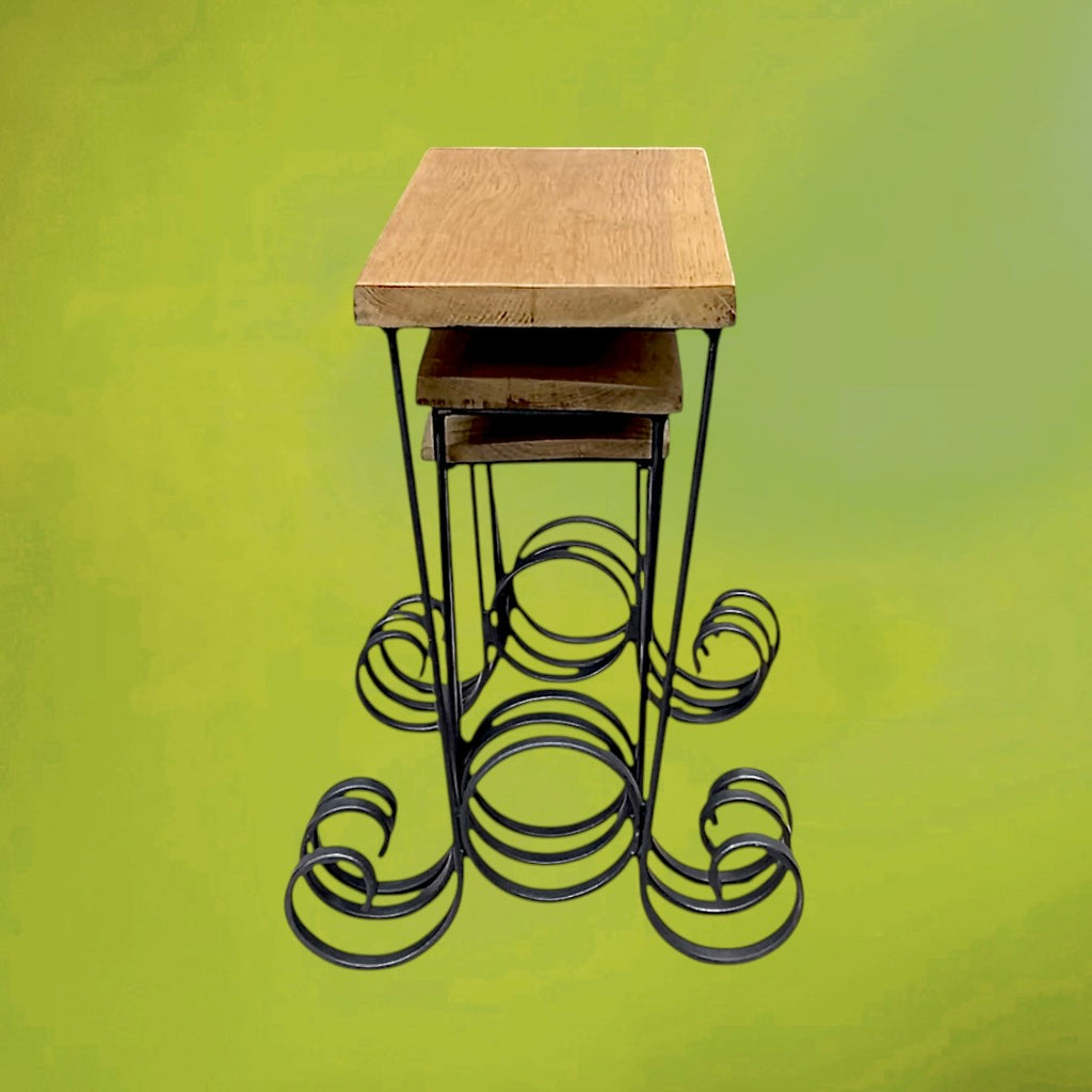 Trio de Tables Gigognes en Bois et Fer Forgé - Travail Artisanal - Années 60