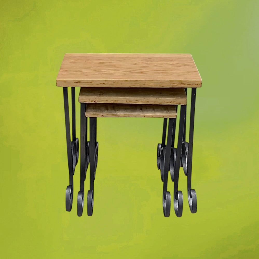 Trio de Tables Gigognes en Bois et Fer Forgé - Travail Artisanal - Années 60