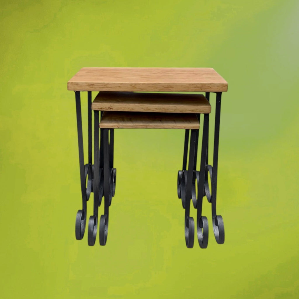 trio-tables-gigognes-bois-fer-forge-artisanal-annees60