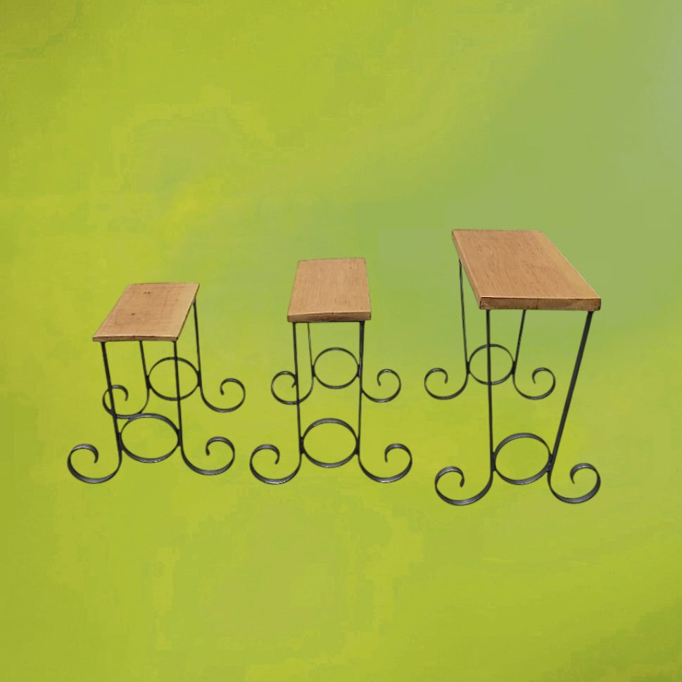 Trio de Tables Gigognes en Bois et Fer Forgé - Travail Artisanal - Années 60