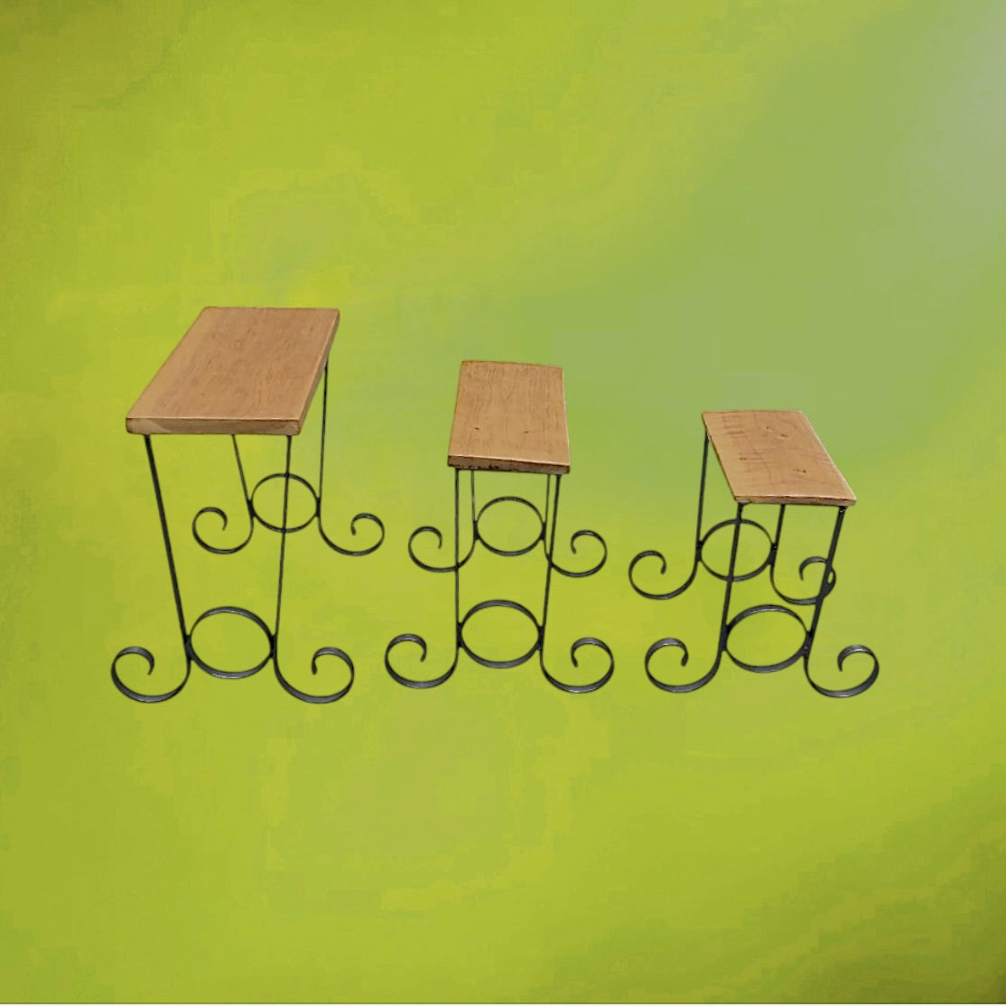Trio de Tables Gigognes en Bois et Fer Forgé - Travail Artisanal - Années 60