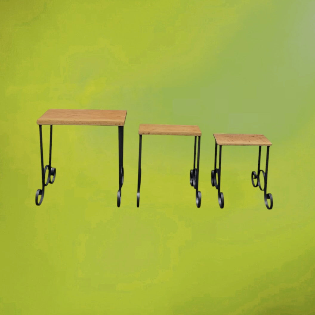 Trio de Tables Gigognes en Bois et Fer Forgé - Travail Artisanal - Années 60