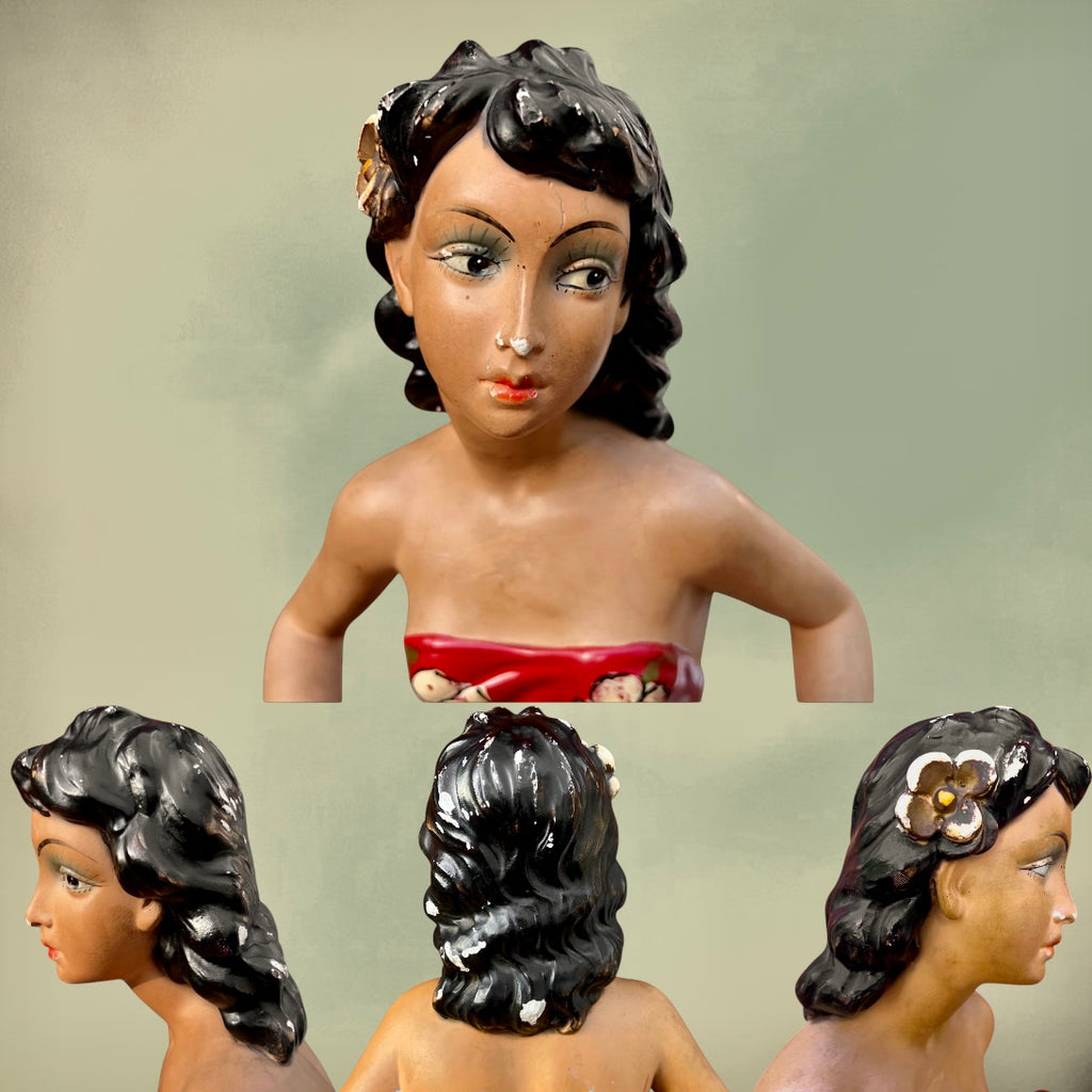 Sculpture Femme Tahitienne au Ukulélé en Plâtre Polychrome Signée S. Melani – Années 30 50