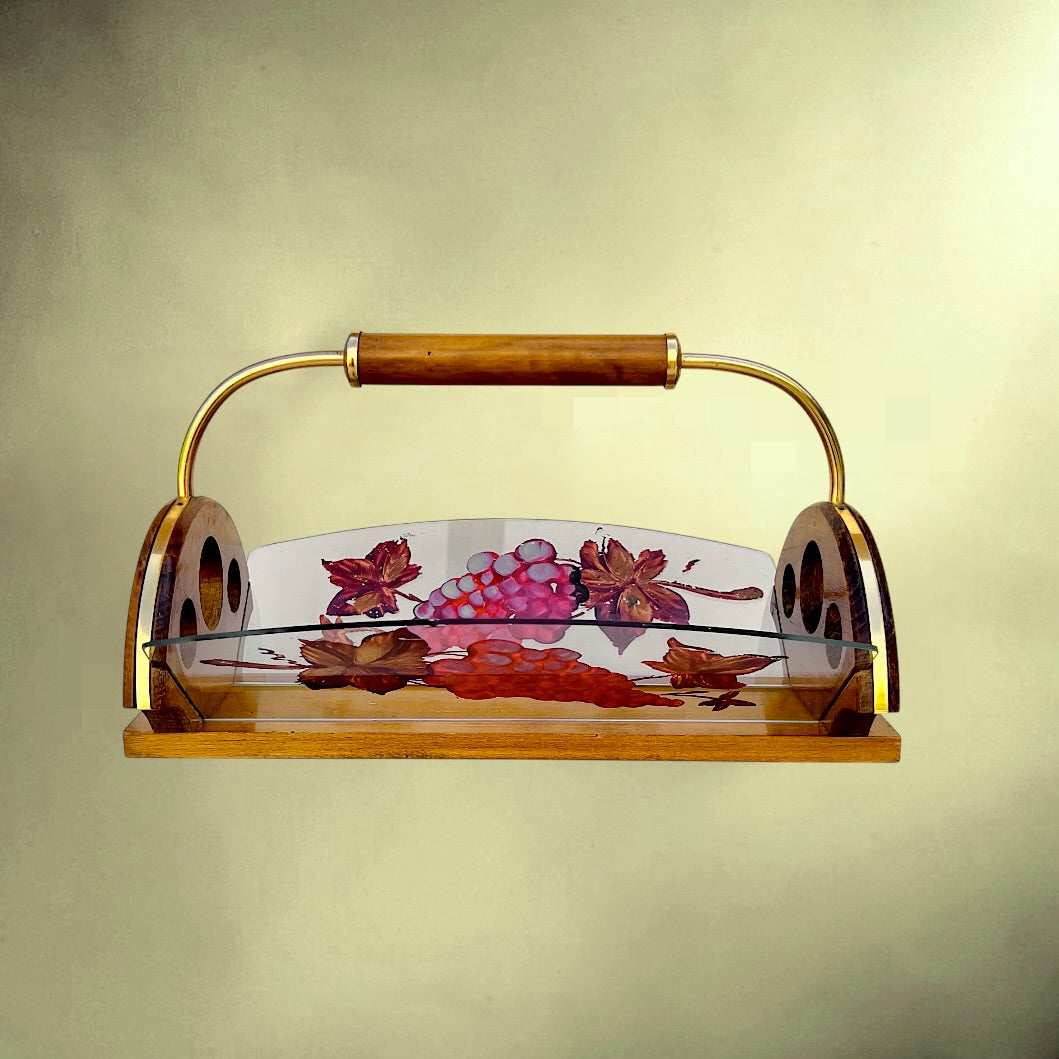 Ancien Présentoir à Raisins en Bois et Verre Peint Décor Grappe – Années 50