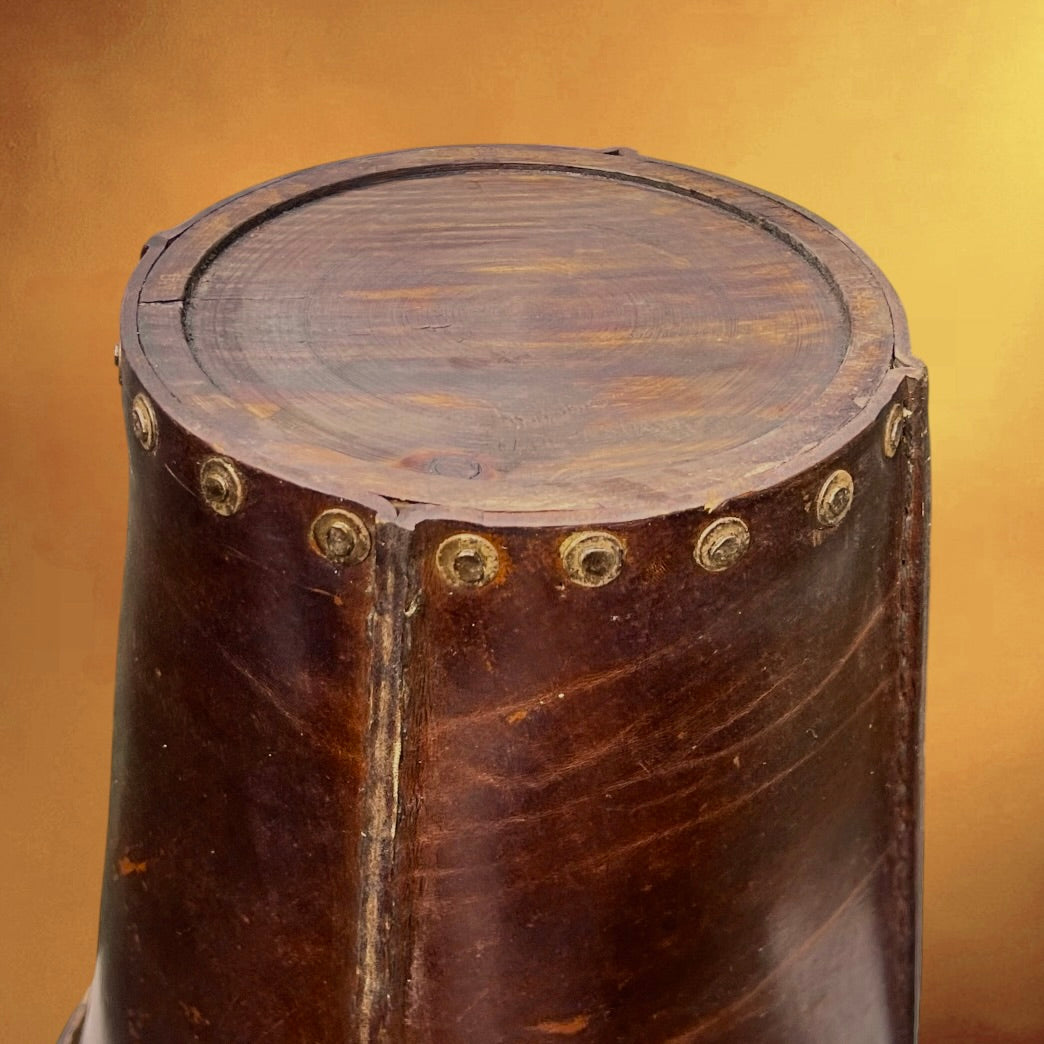 Ancien Seau Rustique Valmazan En Cuir Et Bois Made In Spain – Années 60