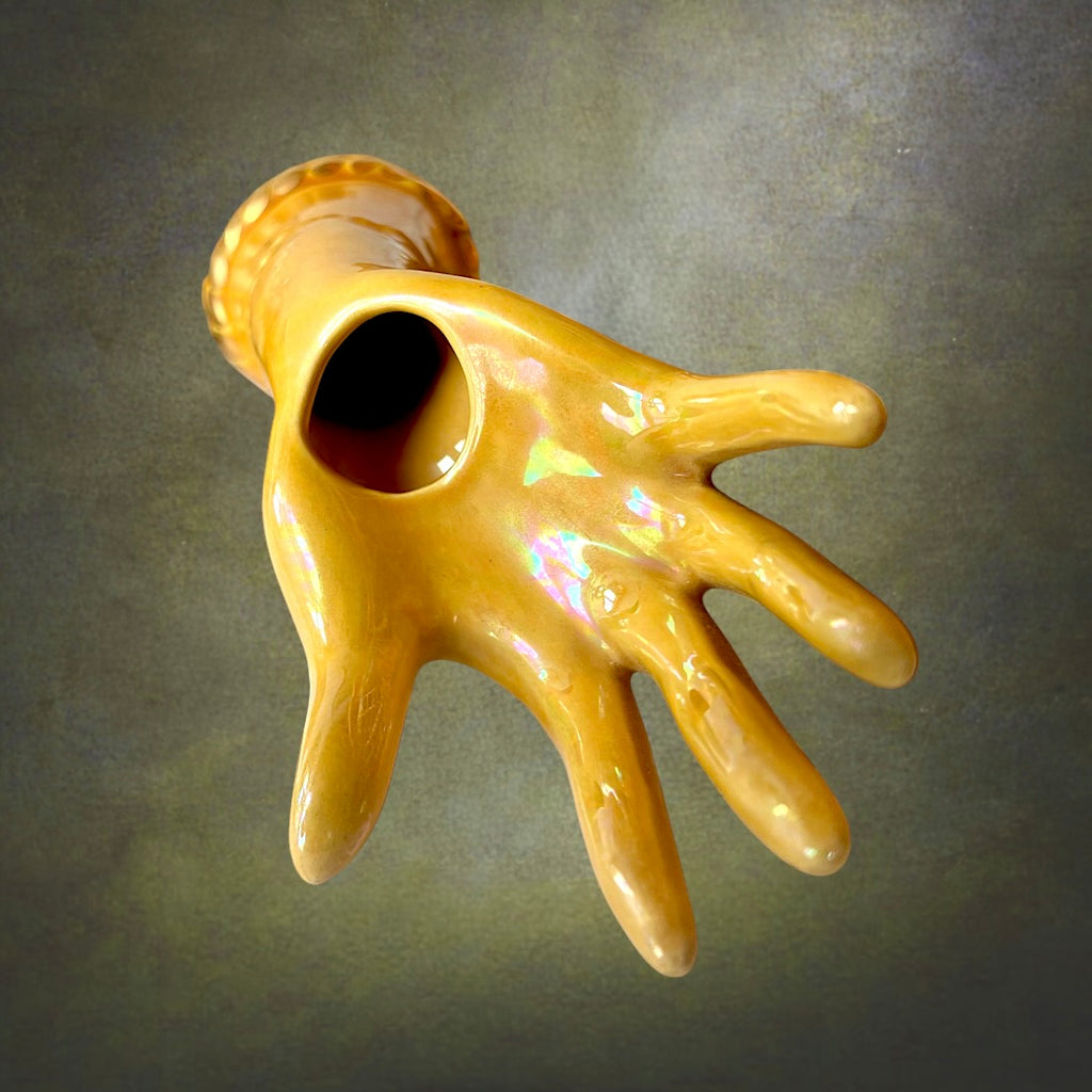 Ancienne Main Soliflore En Céramique Nacrée Jaune Moutarde Dorée – Années 50 60