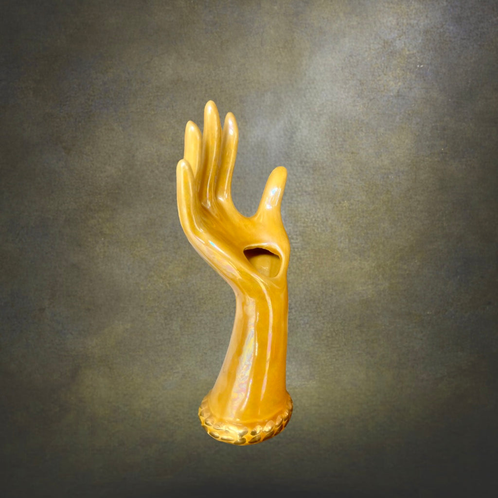 Ancienne Main Soliflore En Céramique Nacrée Jaune Moutarde Dorée – Années 50 60