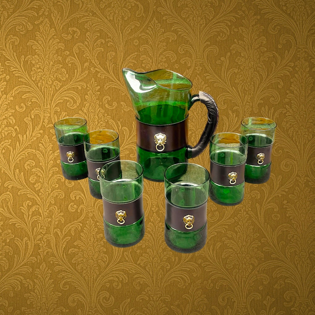 Service à Boissons Verre Vert Fumé et Cuir Véritable Têtes de Lion Années 70