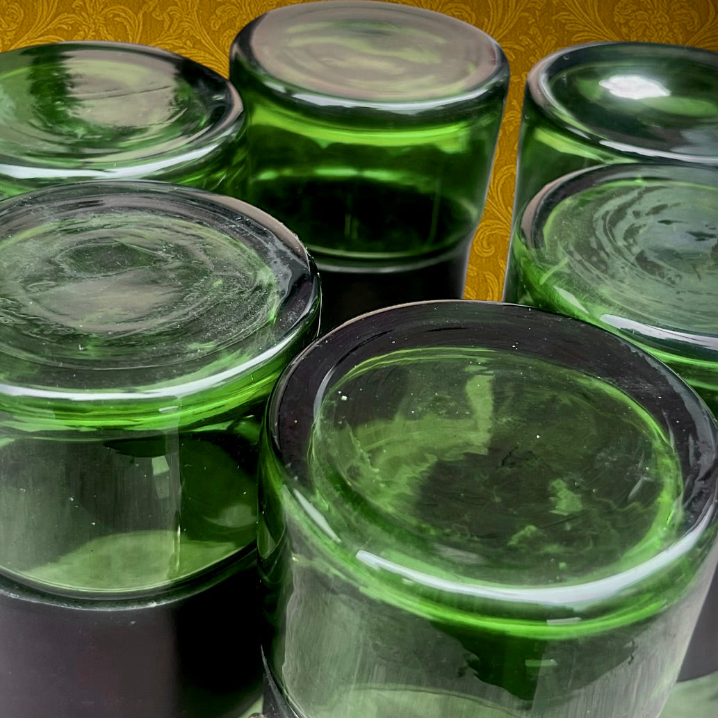 Service à Boissons Verre Vert Fumé et Cuir Véritable Têtes de Lion Années 70