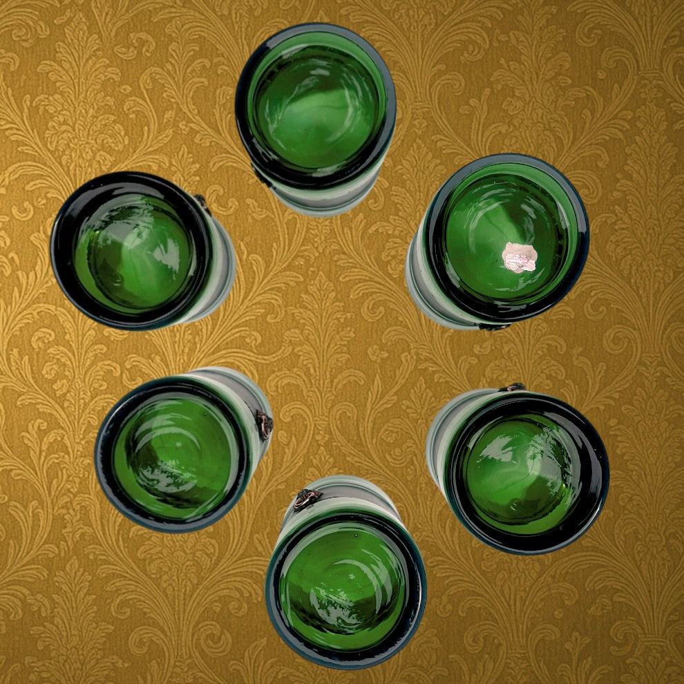 Service à Boissons Verre Vert Fumé et Cuir Véritable Têtes de Lion Années 70
