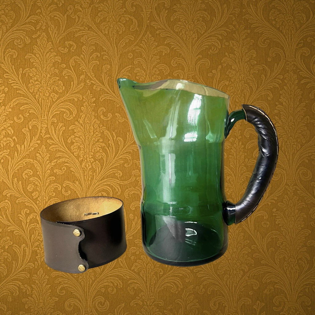 Service à Boissons Verre Vert Fumé et Cuir Véritable Têtes de Lion Années 70