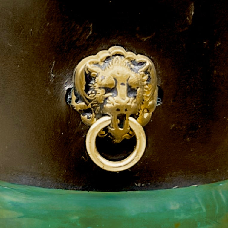 Service à Boissons Verre Vert Fumé et Cuir Véritable Têtes de Lion Années 70