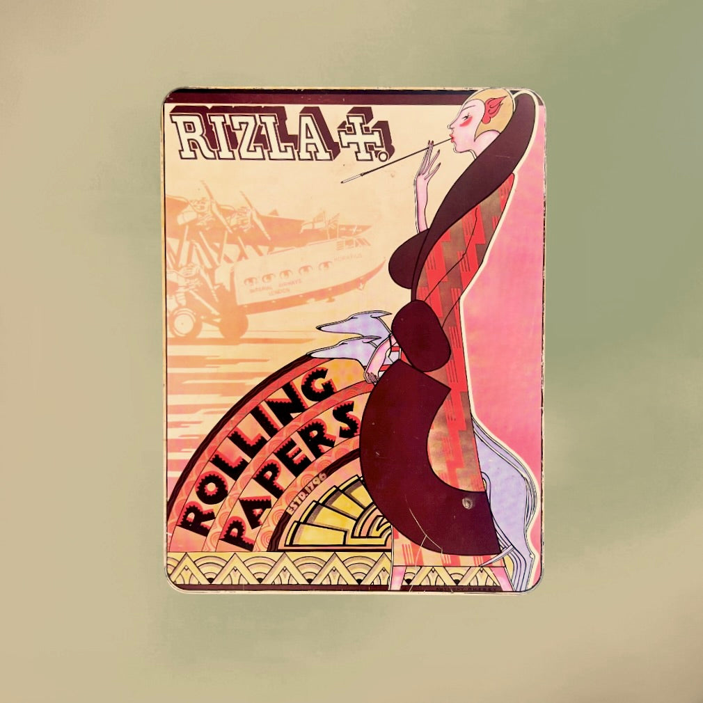 Boîte Publicitaire Rizla+ Métallique Art Déco Femme Fumeuse Rolling Papers Made in England – Années 70