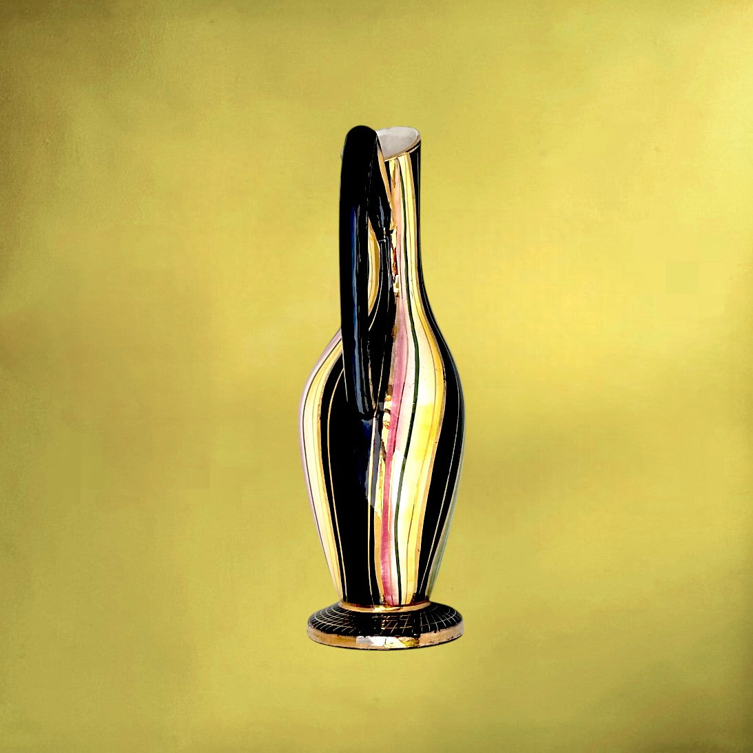 Grand Vase Hubert Bequet Forme Libre Rayures Multicolores et Or Fin – Années 50