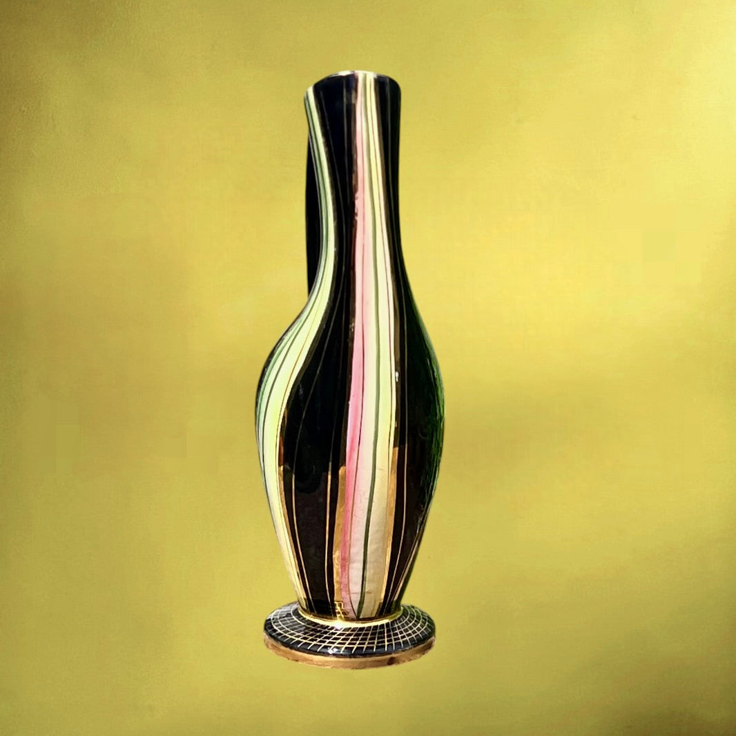 Grand Vase Hubert Bequet Forme Libre Rayures Multicolores et Or Fin – Années 50