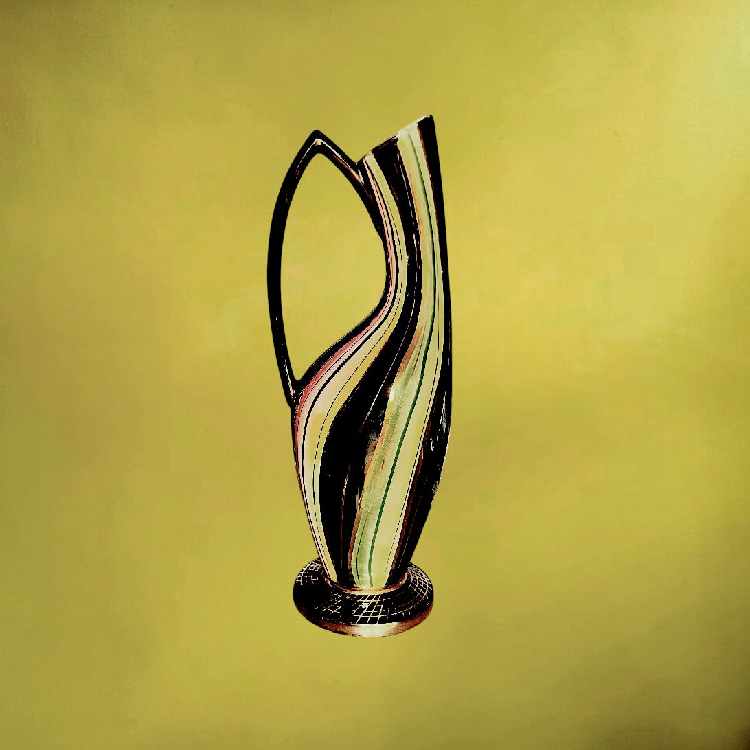 Grand Vase Hubert Bequet Forme Libre Rayures Multicolores et Or Fin – Années 50