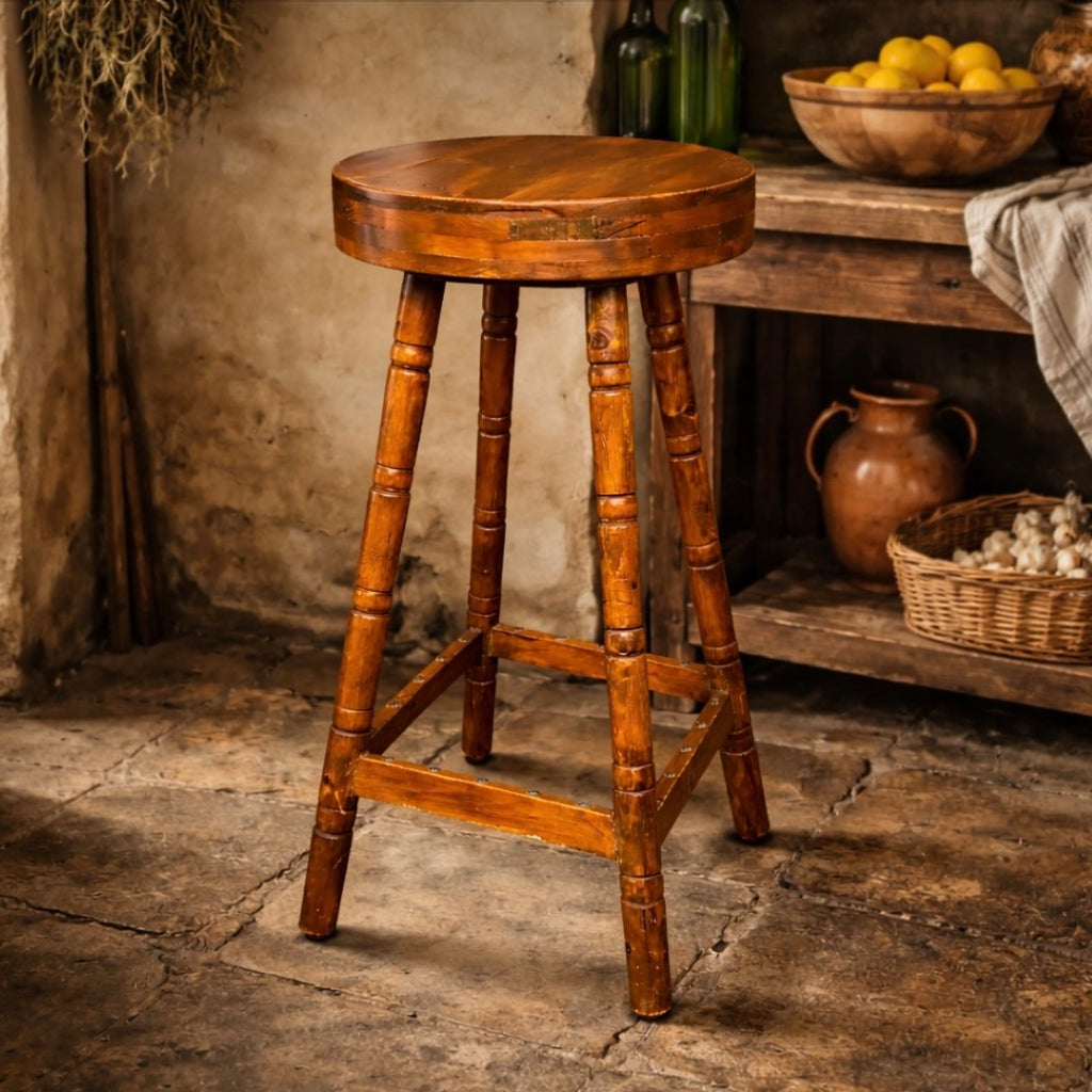 Tabouret Haut Ancien en Bois Massif Pieds Tournés Assise Ronde – Années 50 60